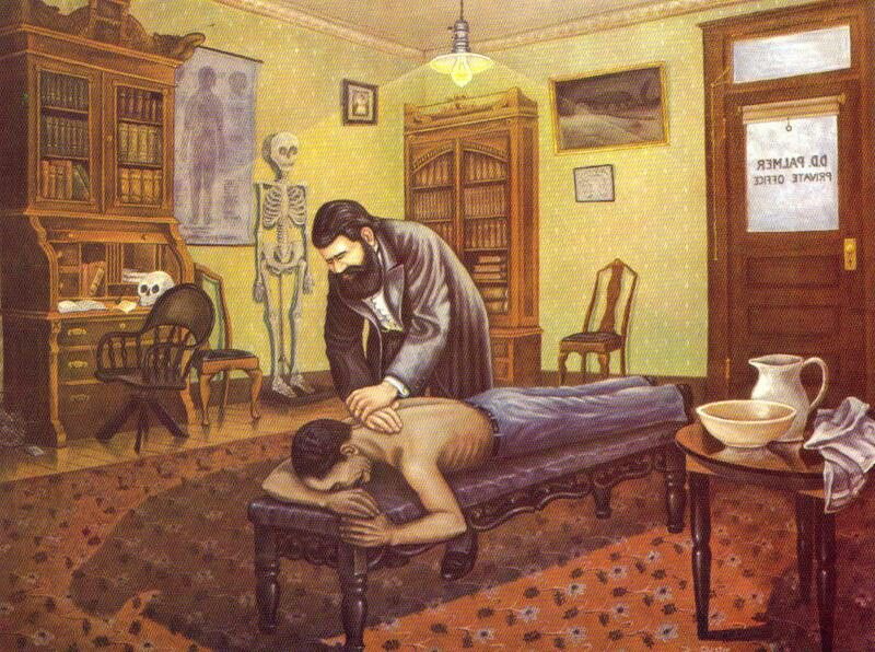 D.D. Palmer delivering the first chiropractic adjustment to Harvey Lillard in 1895.